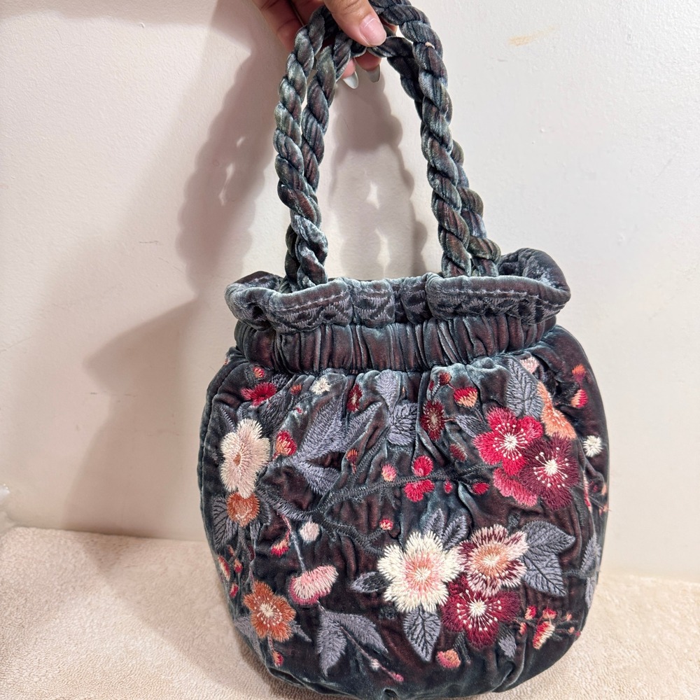 Johnny Was Women's Blue Gray Embroidered Silk Velvet Floral Handbag
